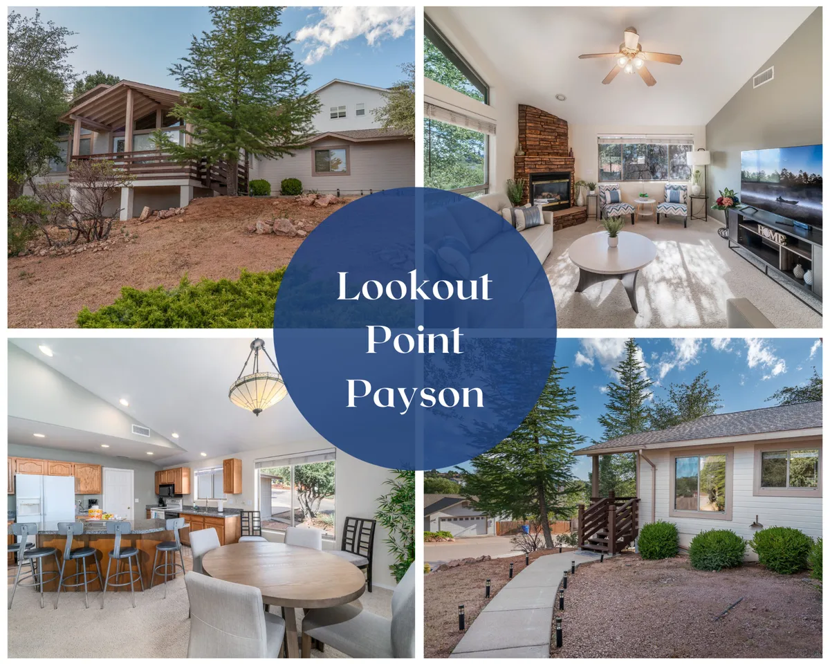 The hero image features the home's inviting wooden deck overlooking scenic Payson vistas, expansive windows flooding the open-concept living area with natural light, and glimpses of the cozy corner fireplace. The scene captures an atmosphere perfect for outdoor gatherings, enjoying family meals, and relaxing indoors with friends or loved ones.