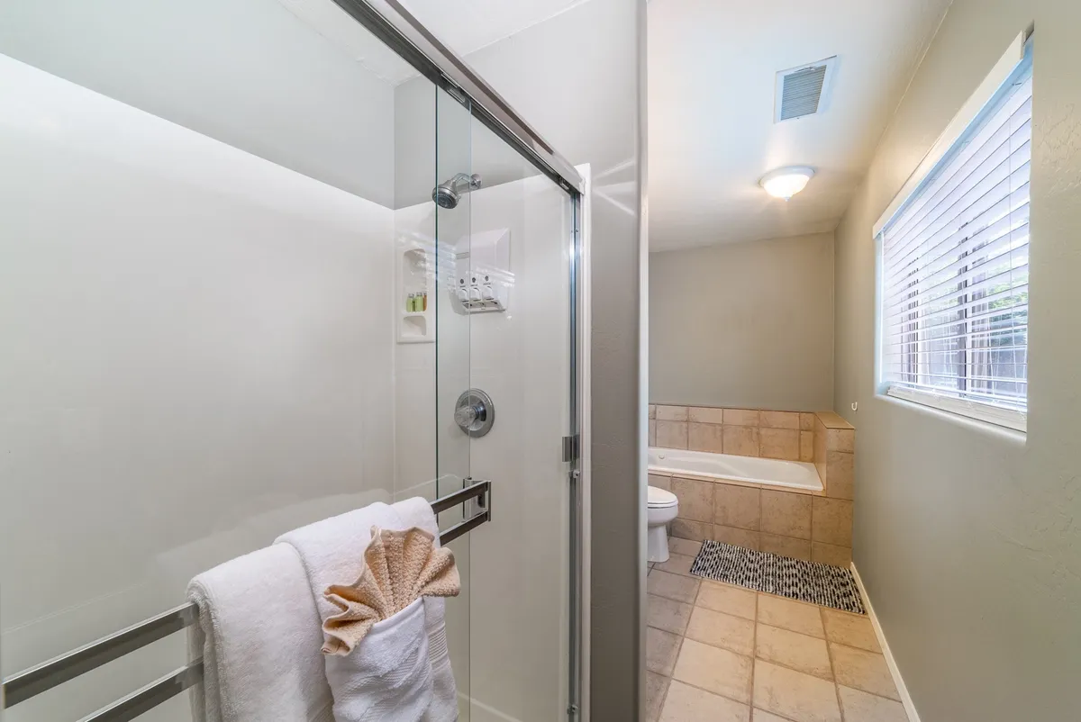 A tranquil bathroom scene featuring a glass shower enclosure, bathtub, soft lighting, a textured rug, and a neatly arranged decorative towel. The ample floor space and visible features suggest a bathroom designed with accessibility and relaxation in mind.
